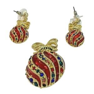 Christmas Jewelry Set Red Enamel Multicolor Rhinestones Ornament Brooch Earrings
